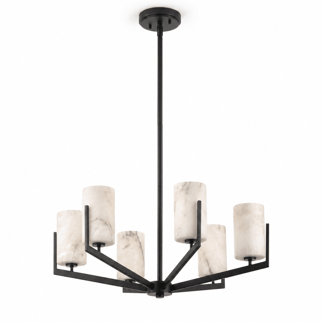 Marlowe Alabaster Star Chandelier — additional product view, six cylindrical stone shades on angular radiating arms (view 5)