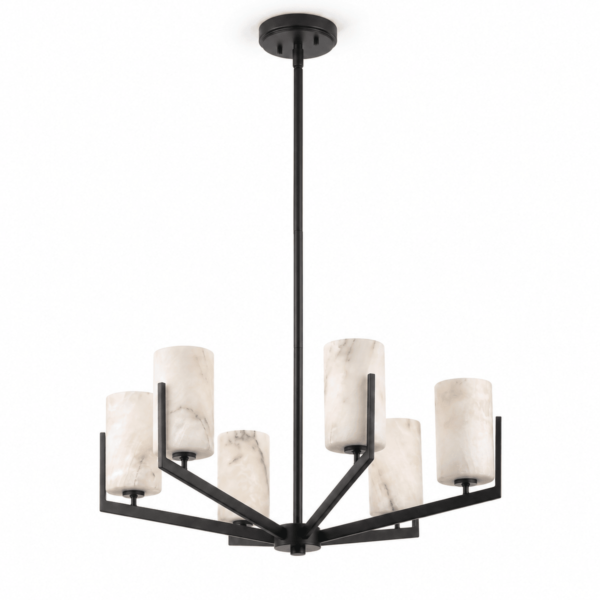 Marlowe Alabaster Star Chandelier — additional product view, six cylindrical stone shades on angular radiating arms (view 5)
