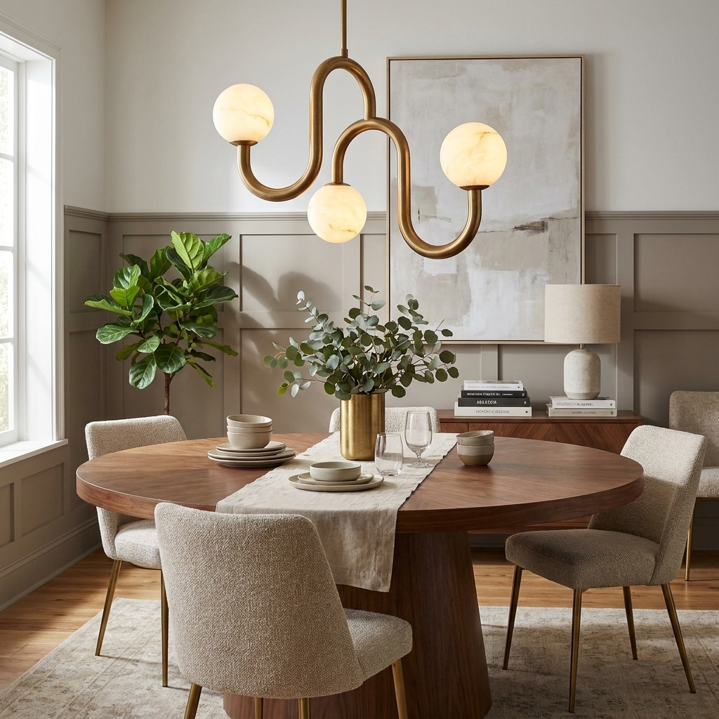 Meander Alabaster Chandelier — product setting and fixture profile, three stone globes along a serpentine metal tube (view 2)