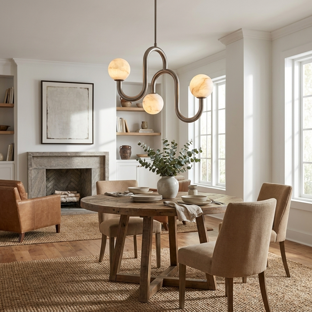 Meander Alabaster Chandelier — additional product view, three stone globes along a serpentine metal tube (view 4)