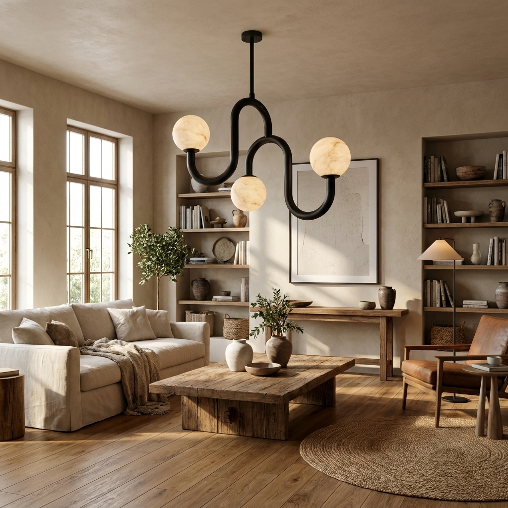 Meander Alabaster Chandelier — additional product view, three stone globes along a serpentine metal tube (view 5)