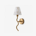Meander Alabaster Cone Sconce — full fixture profile, a stone cone above a serpentine metal arm (view 1)