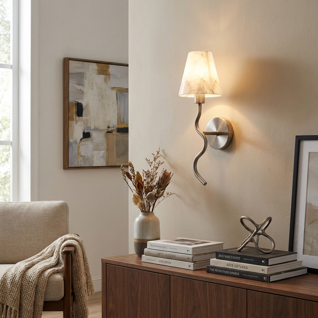 Meander Alabaster Cone Sconce — product setting and fixture profile, a stone cone above a serpentine metal arm (view 2)