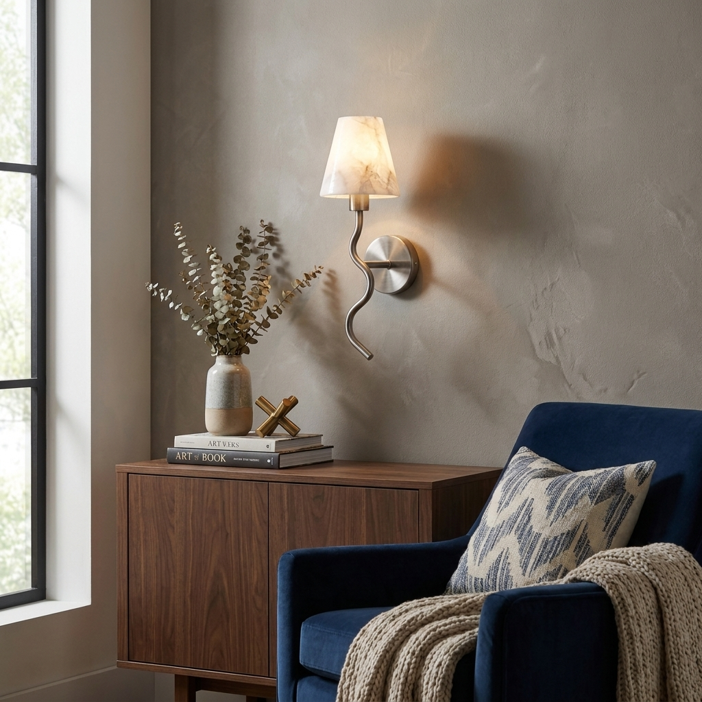 Meander Alabaster Cone Sconce — additional product view, a stone cone above a serpentine metal arm (view 3)