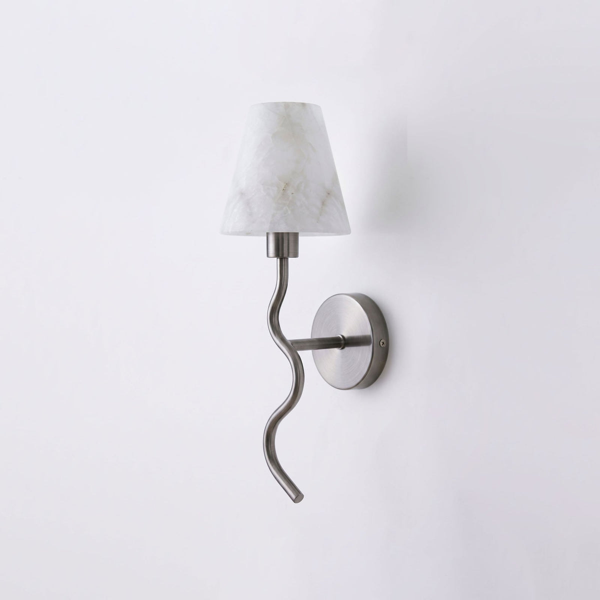 Meander Alabaster Cone Sconce — additional product view, a stone cone above a serpentine metal arm (view 5)