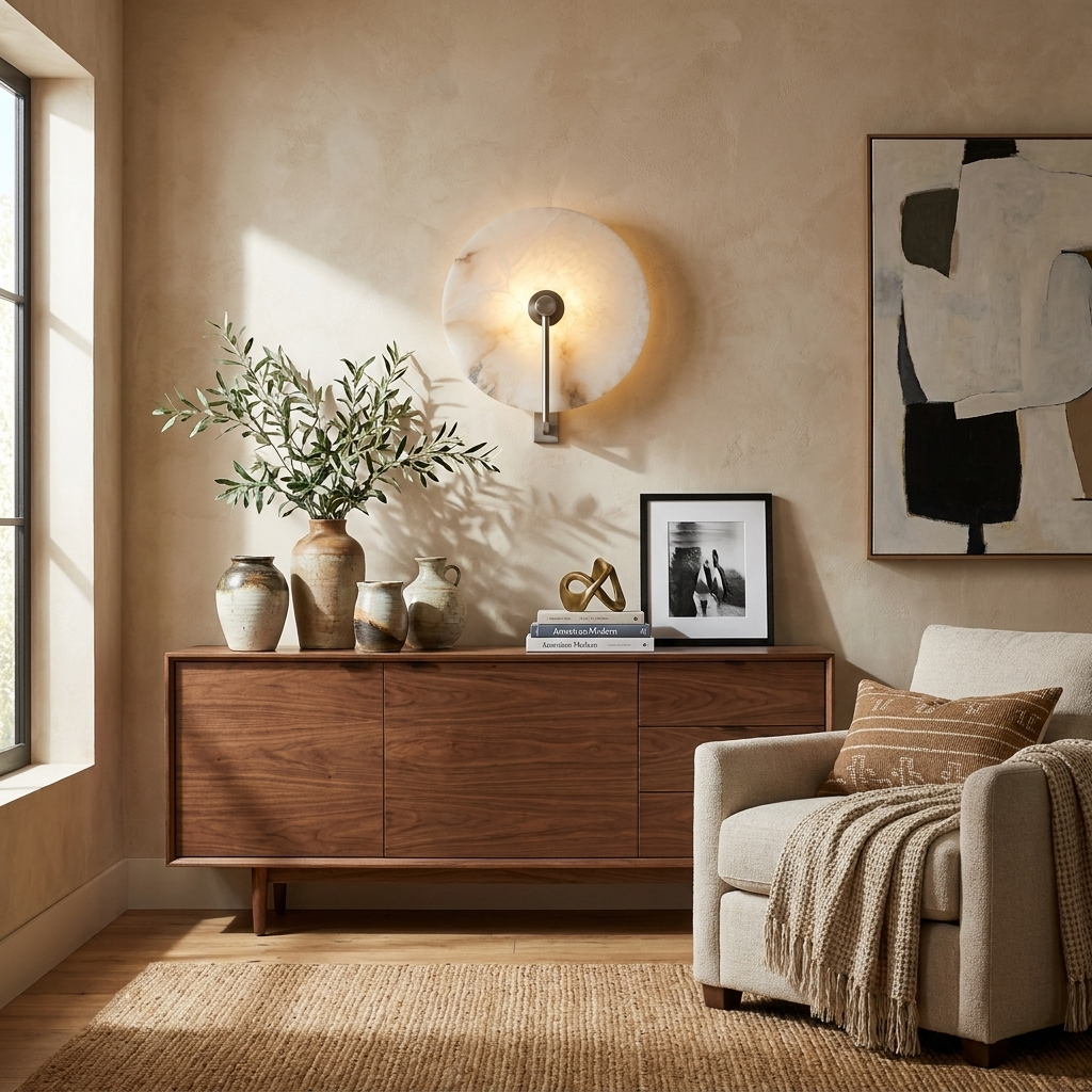 Medallion Alabaster Wall Sconce — product setting and fixture profile, a round stone disc crossed by an angular metal arm (view 2)