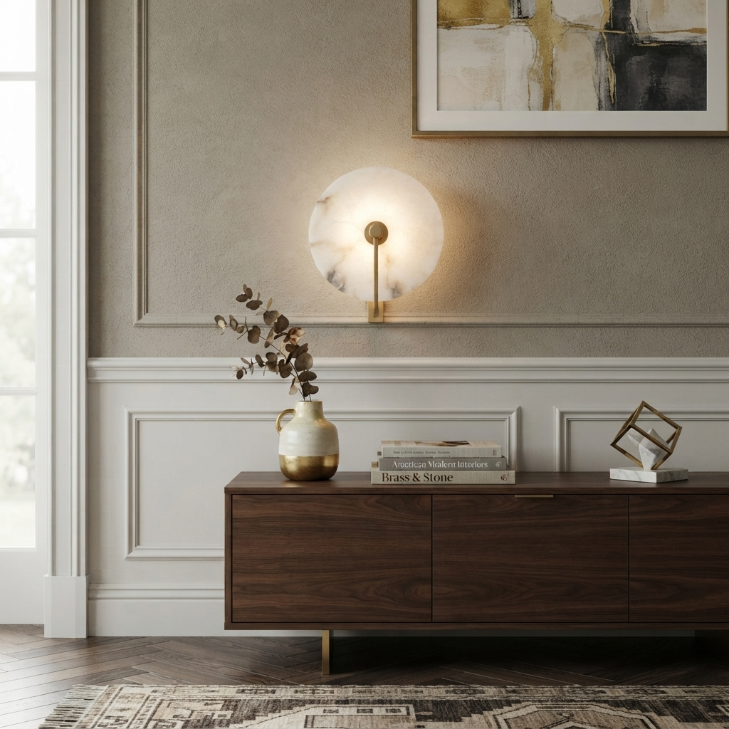 Medallion Alabaster Wall Sconce — additional product view, a round stone disc crossed by an angular metal arm (view 3)