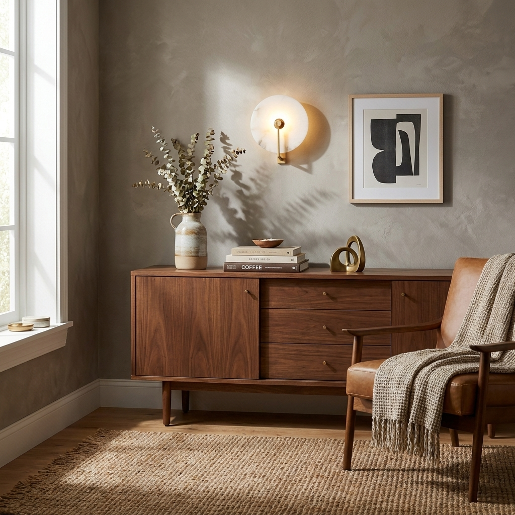 Medallion Alabaster Wall Sconce — additional product view, a round stone disc crossed by an angular metal arm (view 4)