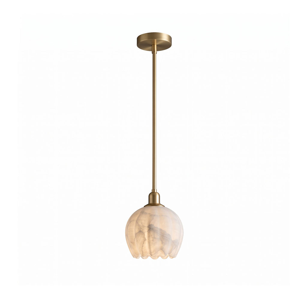 Mian Alabaster Pendant Lamp — full fixture profile, a lotus-like stone shade below a slim brass rod (view 1)