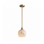 Mian Alabaster Pendant Lamp — full fixture profile, a lotus-like stone shade below a slim brass rod (view 1)