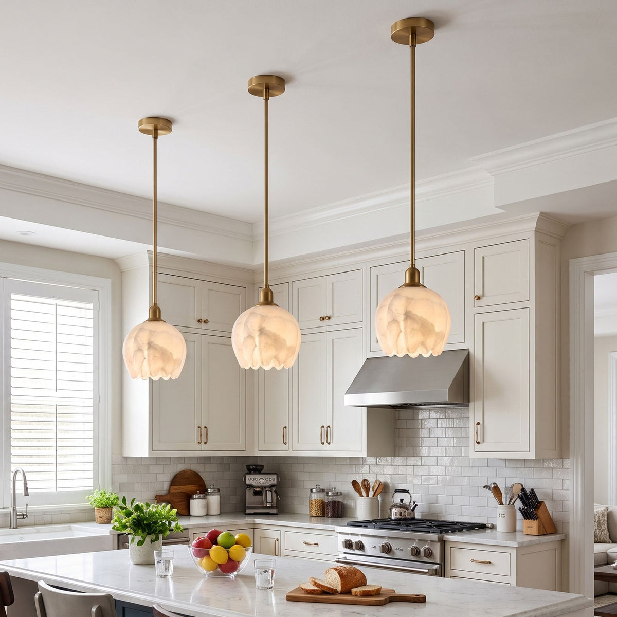 Mian Alabaster Pendant Lamp — product setting and fixture profile, a lotus-like stone shade below a slim brass rod (view 2)