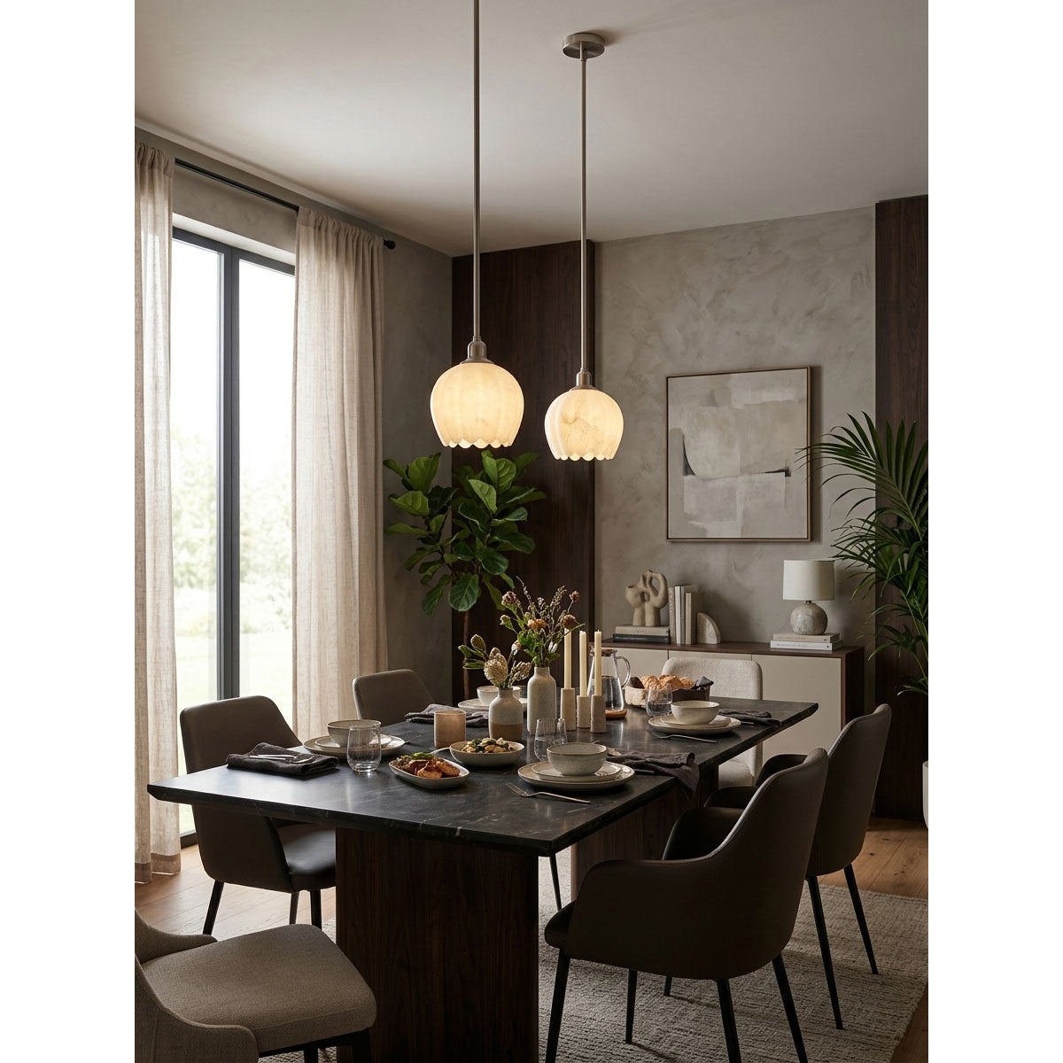 Mian Alabaster Pendant Lamp — additional product view, a lotus-like stone shade below a slim brass rod (view 3)