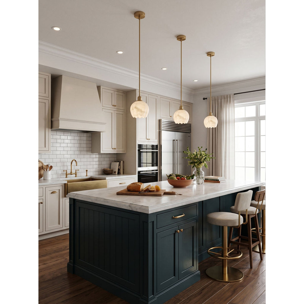 Mian Alabaster Pendant Lamp — additional product view, a lotus-like stone shade below a slim brass rod (view 4)