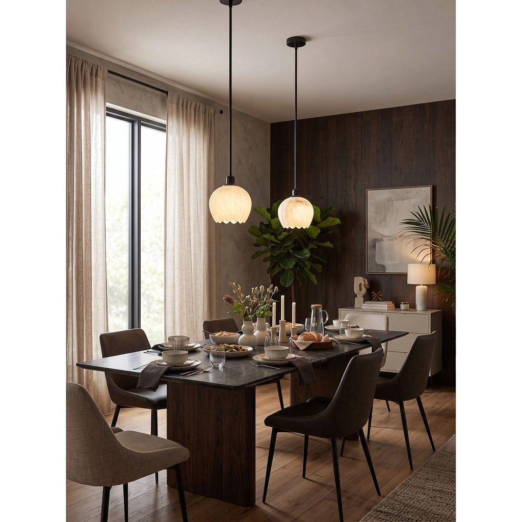 Mian Alabaster Pendant Lamp — additional product view, a lotus-like stone shade below a slim brass rod (view 5)
