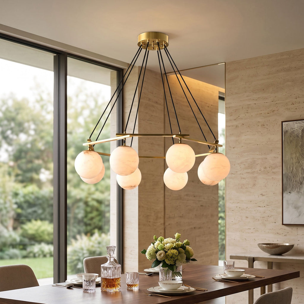 Miira Alabaster Chandelier — product setting and fixture profile, stone orbs suspended on individual cords (view 2)