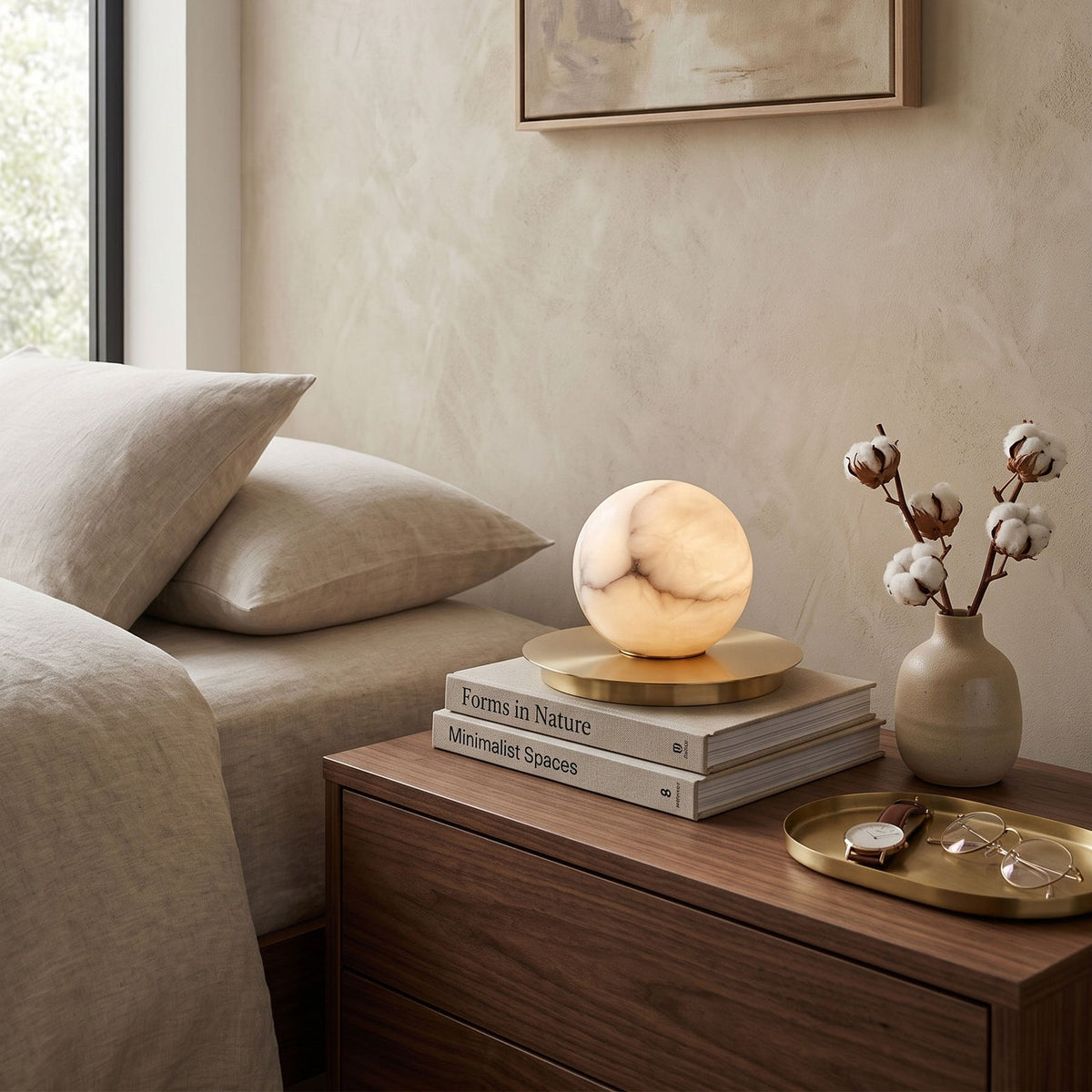 Mini Alabaster Moon Table Lamp — product setting and fixture profile, a rounded stone shade accented by a brass disc (view 2)