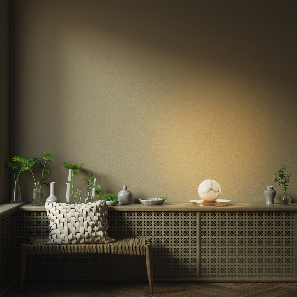 Mini Alabaster Moon Table Lamp — additional product view, a rounded stone shade accented by a brass disc (view 5)