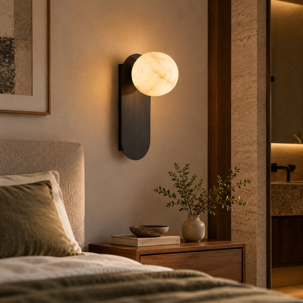 Mira Alabaster Globe Wall Sconce — additional product view, a rounded stone shade on a compact vertical mount (view 3)