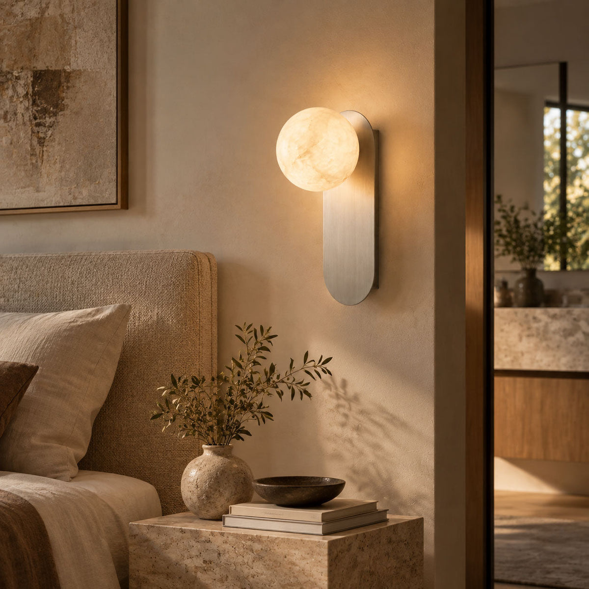 Mira Alabaster Globe Wall Sconce — additional product view, a rounded stone shade on a compact vertical mount (view 4)