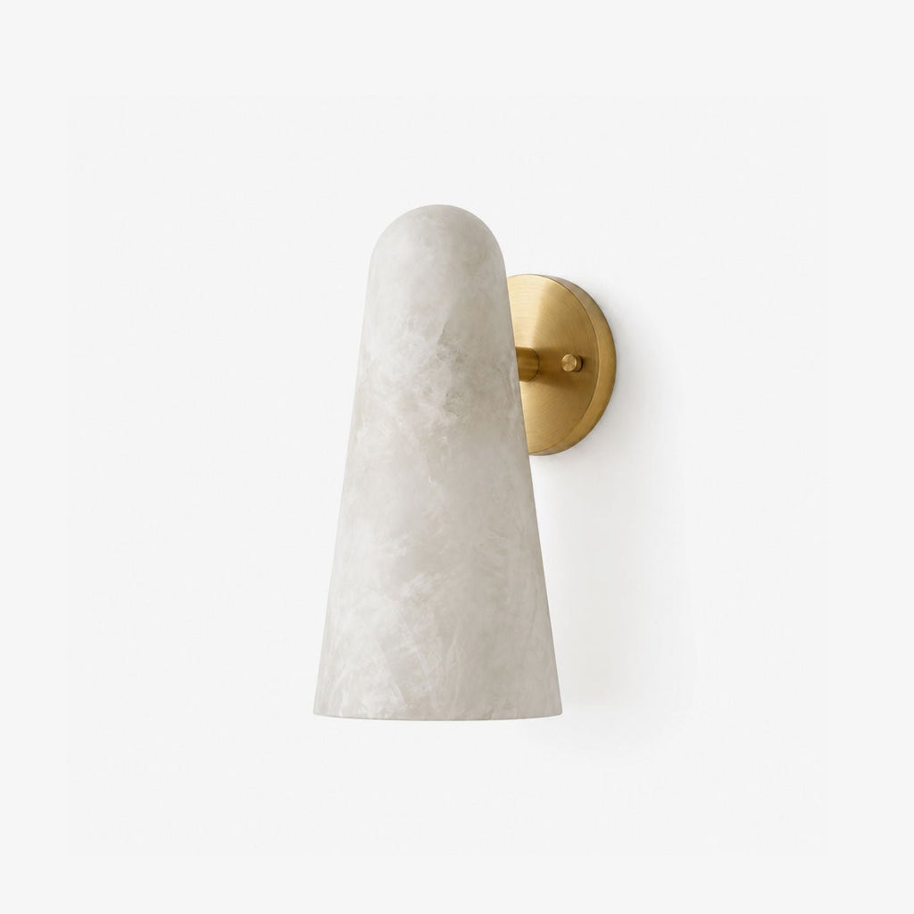 Mira Solo Alabaster Cone Wall Sconce — full fixture profile, a tapered stone shade on a compact wall mount (view 1)