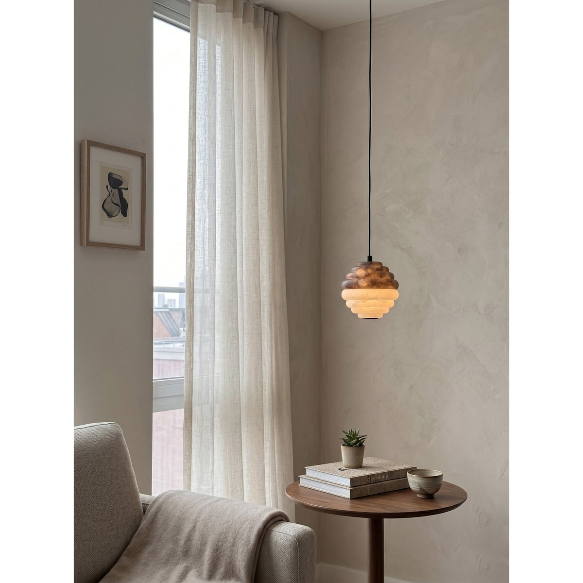 Mireille Alabaster Pendant Lamp — additional product view, a ribbed stone shade with contrasting pale and amber tones (view 4)