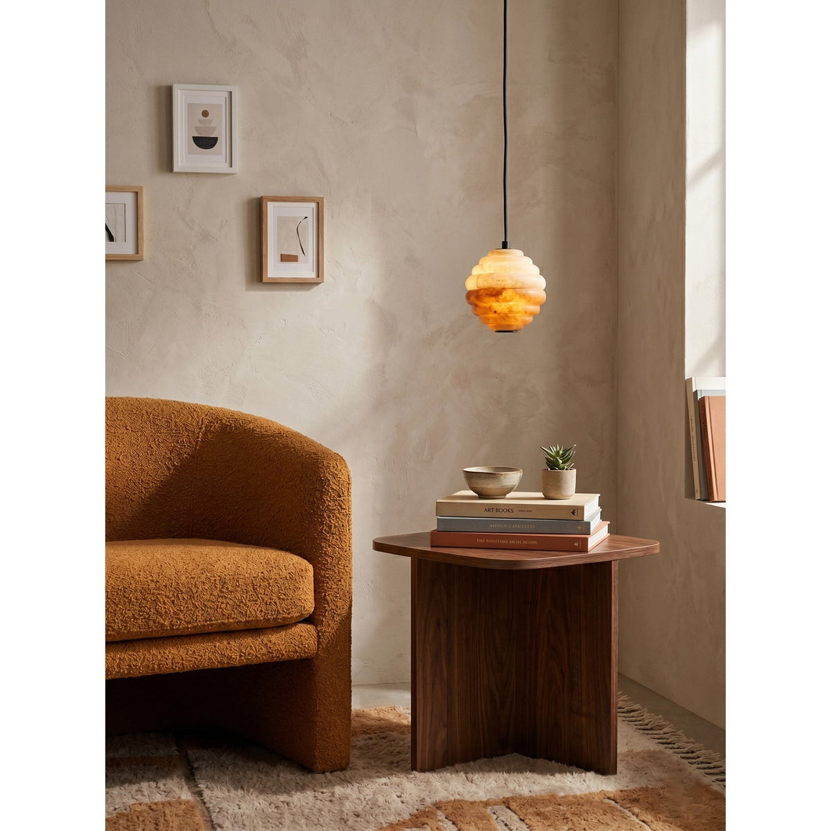 Mireille Alabaster Pendant Lamp — additional product view, a ribbed stone shade with contrasting pale and amber tones (view 5)