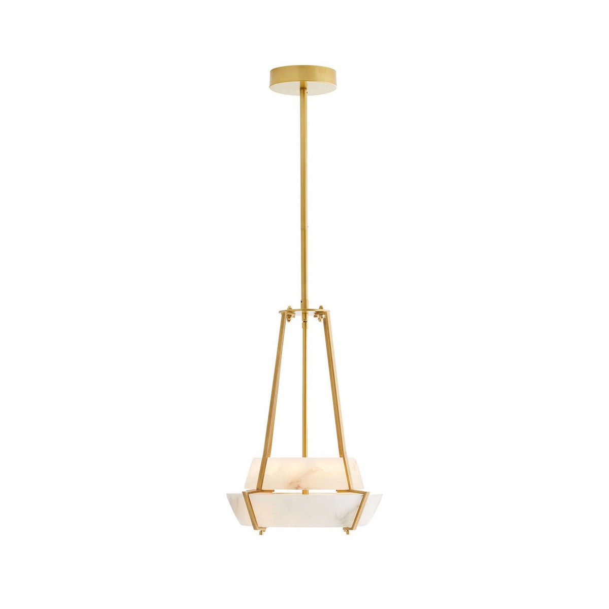 Mohegan Alabaster Pendant Lamp — full fixture profile, two angular stone panels inside an open brass frame (view 1)