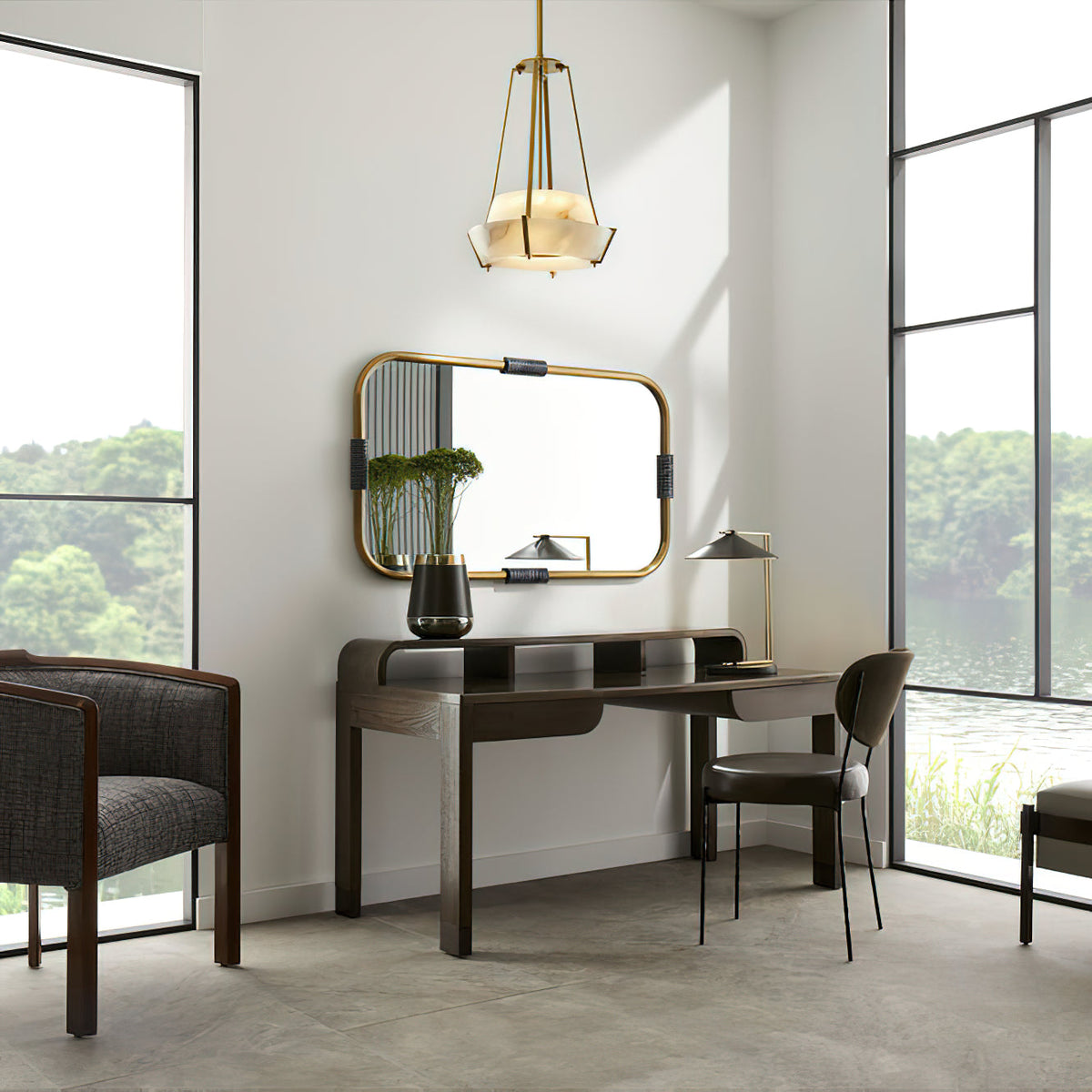 Mohegan Alabaster Pendant Lamp — product setting and fixture profile, two angular stone panels inside an open brass frame (view 2)