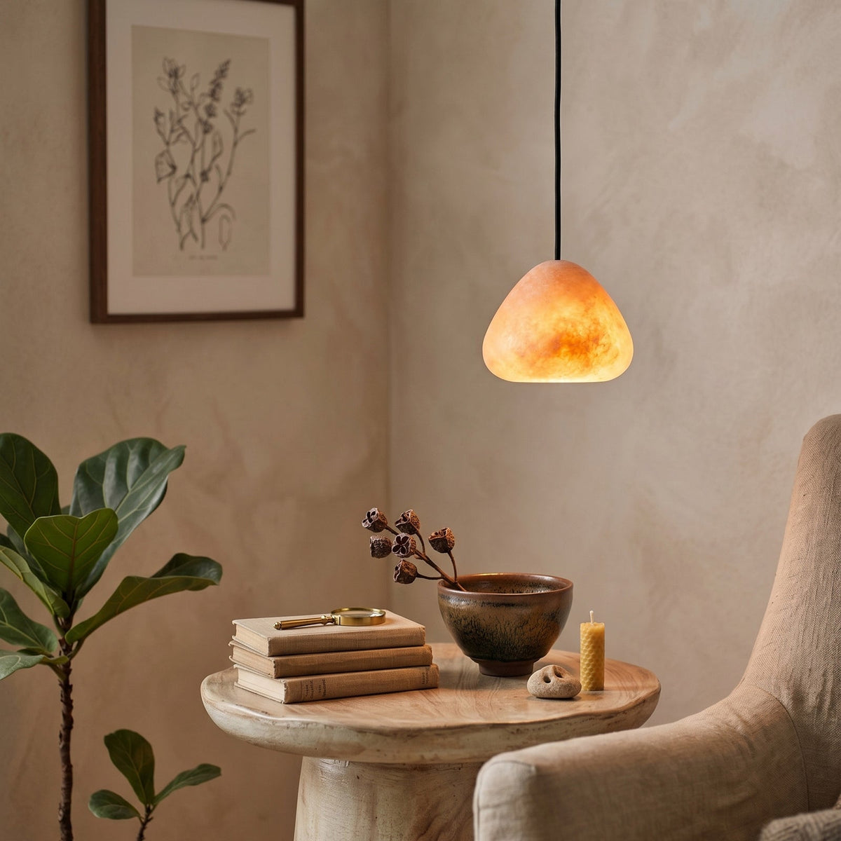 Morphe Alabaster Pendant Lamp — product setting and fixture profile, an asymmetric stone shade on a slender dark cord (view 2)