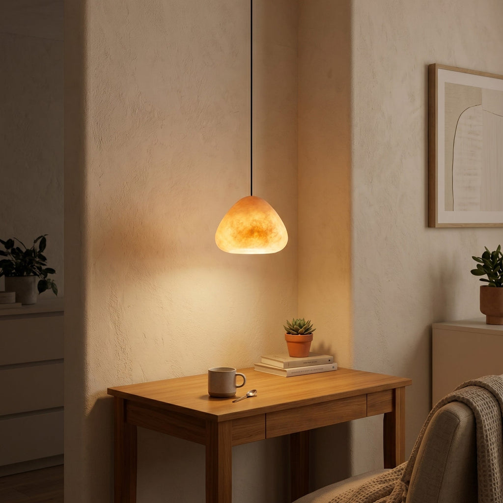 Morphe Alabaster Pendant Lamp — additional product view, an asymmetric stone shade on a slender dark cord (view 4)