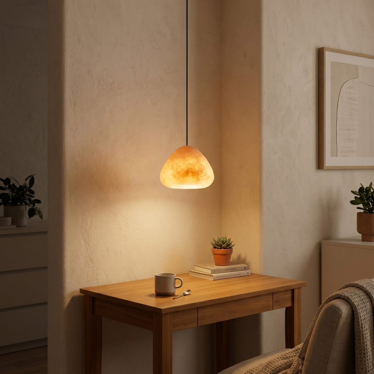 Morphe Alabaster Pendant Lamp — additional product view, an asymmetric stone shade on a slender dark cord (view 4)