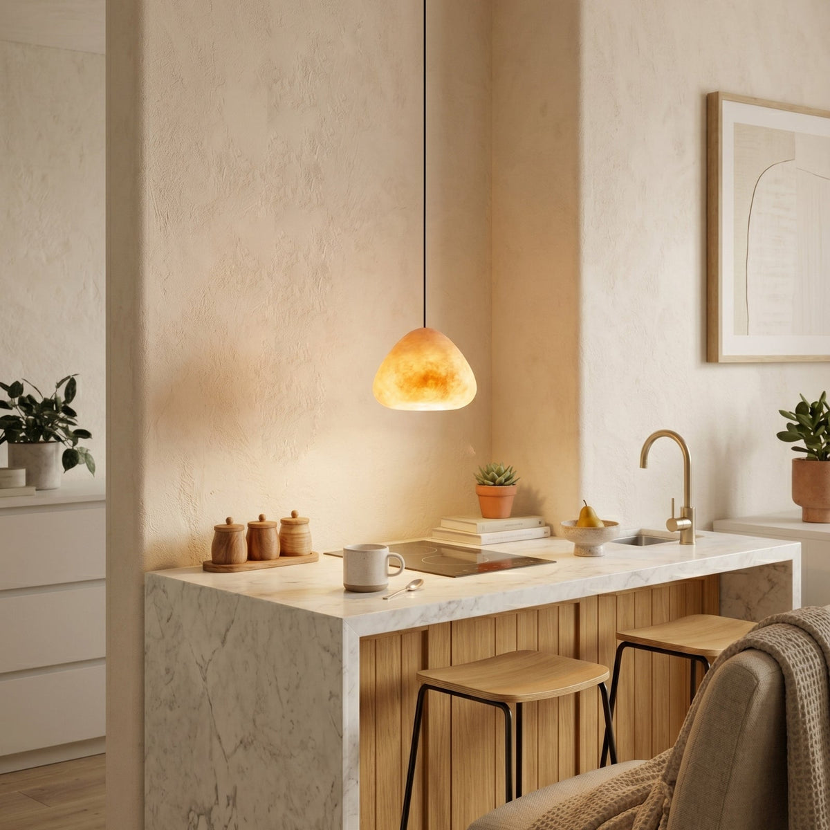 Morphe Alabaster Pendant Lamp — additional product view, an asymmetric stone shade on a slender dark cord (view 5)