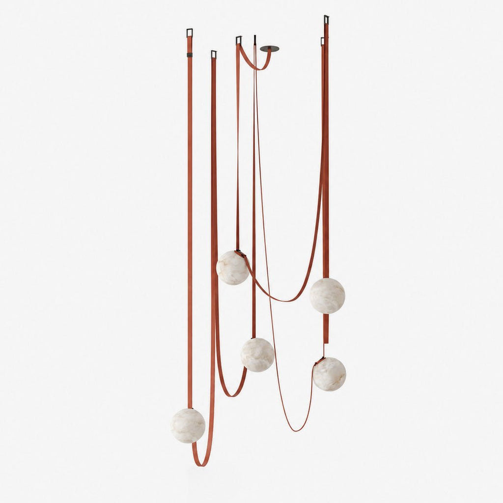 Multiple Belt Alabaster Pendant Light — full fixture profile, rounded stone shades suspended from individual leather or canvas straps (view 1)