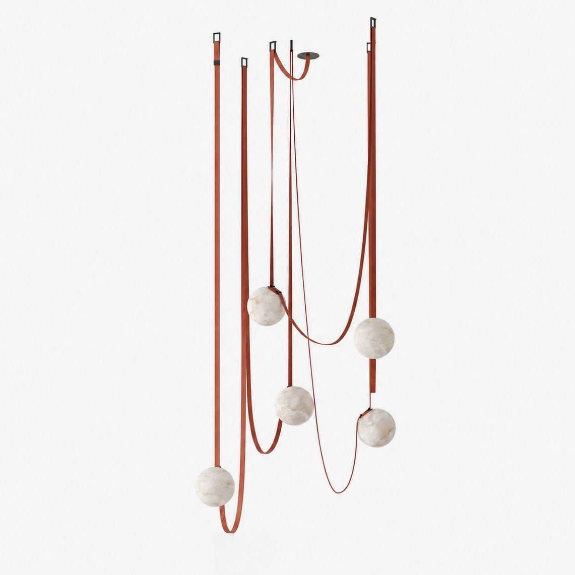 Multiple Belt Alabaster Pendant Light — full fixture profile, rounded stone shades suspended from individual leather or canvas straps (view 1)
