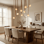 Multiple Belt Alabaster Pendant Light — product setting and fixture profile, rounded stone shades suspended from individual leather or canvas straps (view 2)
