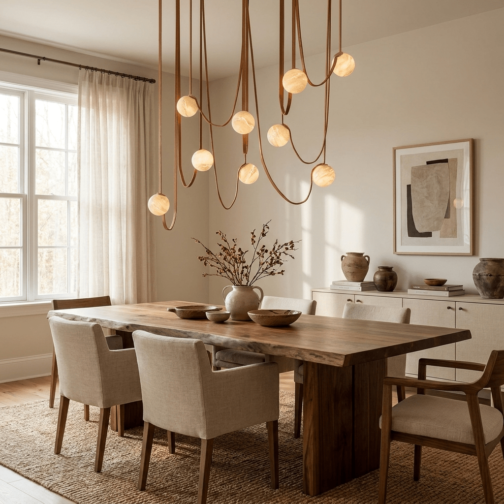 Multiple Belt Alabaster Pendant Light — product setting and fixture profile, rounded stone shades suspended from individual leather or canvas straps (view 2)