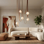 Multiple Belt Alabaster Pendant Light — additional product view, rounded stone shades suspended from individual leather or canvas straps (view 5)