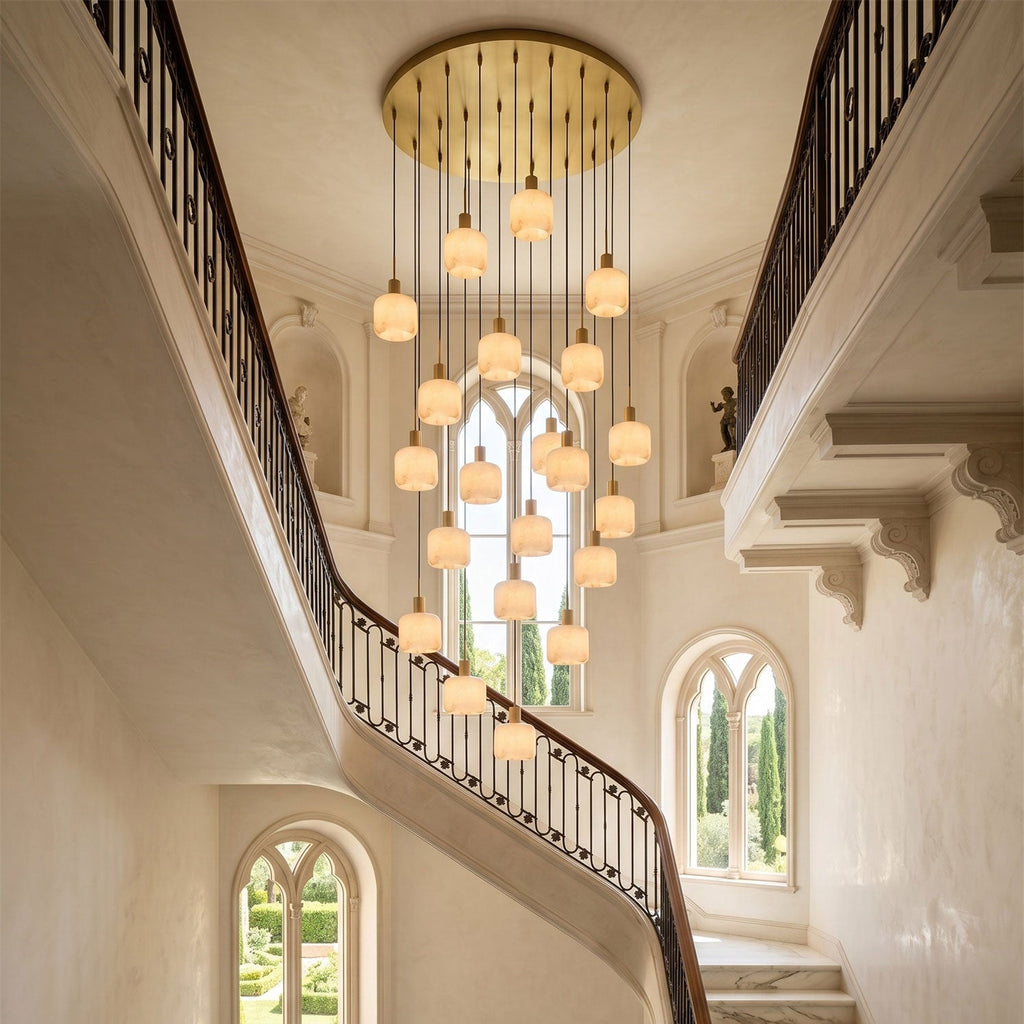 Natural Square Alabaster Chandelier — product setting and fixture profile, stone cubes suspended at different levels (view 2)