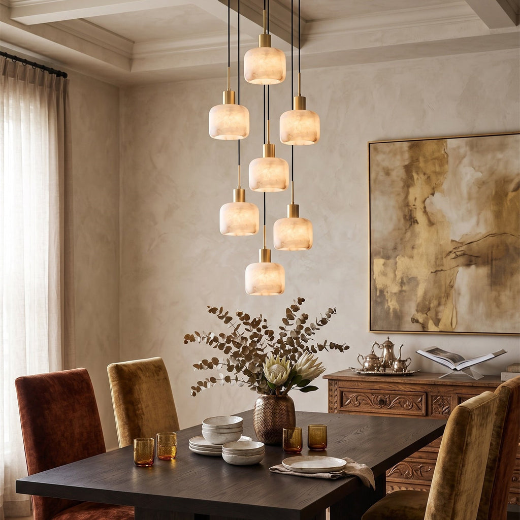 Natural Square Alabaster Chandelier — additional product view, stone cubes suspended at different levels (view 5)
