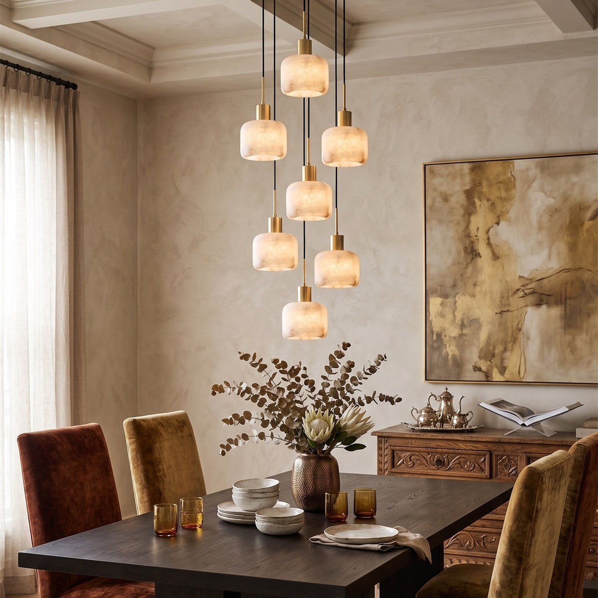 Natural Square Alabaster Chandelier — additional product view, stone cubes suspended at different levels (view 5)