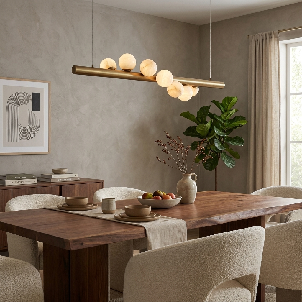 Nimbus Alabaster Bar Pendant Lamp — product setting and fixture profile, a straight suspended metal bar with stone lighting elements (view 2)