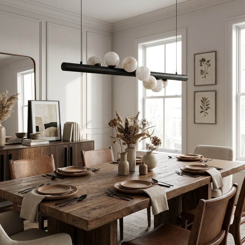 Nimbus Alabaster Bar Pendant Lamp — additional product view, a straight suspended metal bar with stone lighting elements (view 3)