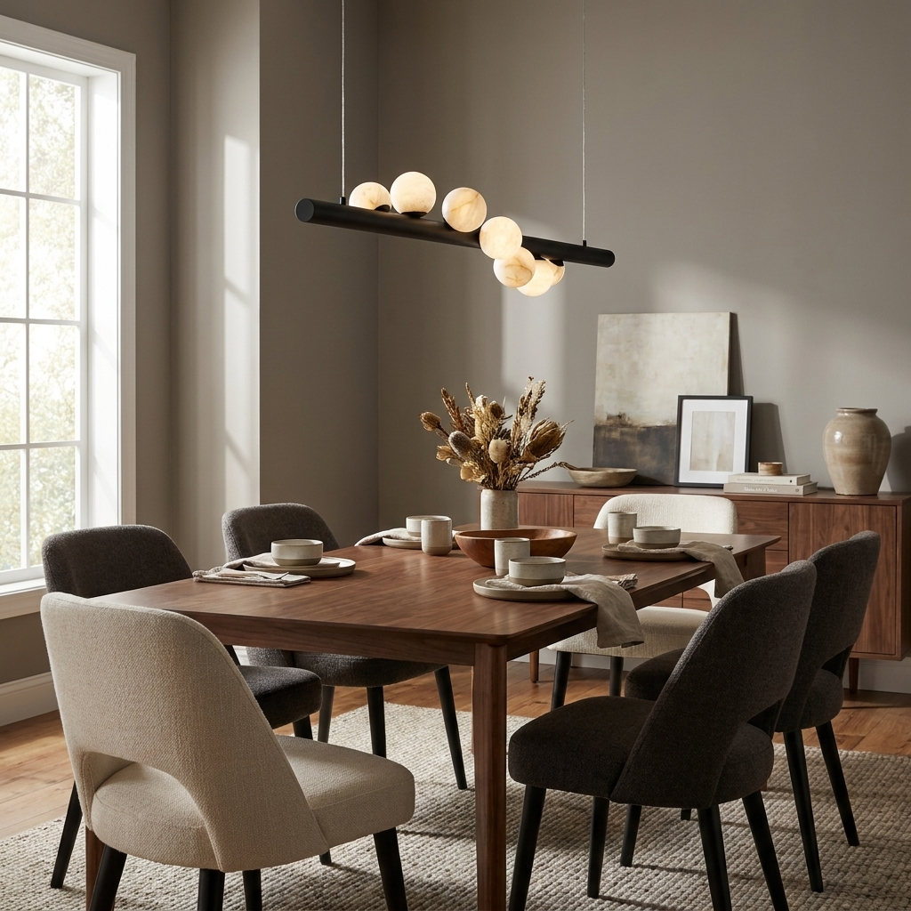 Nimbus Alabaster Bar Pendant Lamp — additional product view, a straight suspended metal bar with stone lighting elements (view 5)