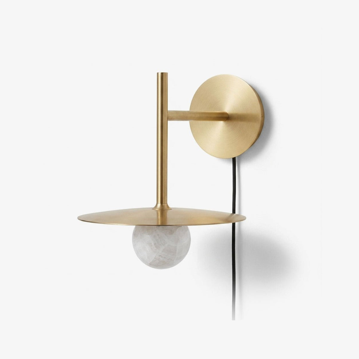 Nivara Alabaster Disc Wall Sconce — full fixture profile, a stone globe beneath a flat metal disc (view 1)