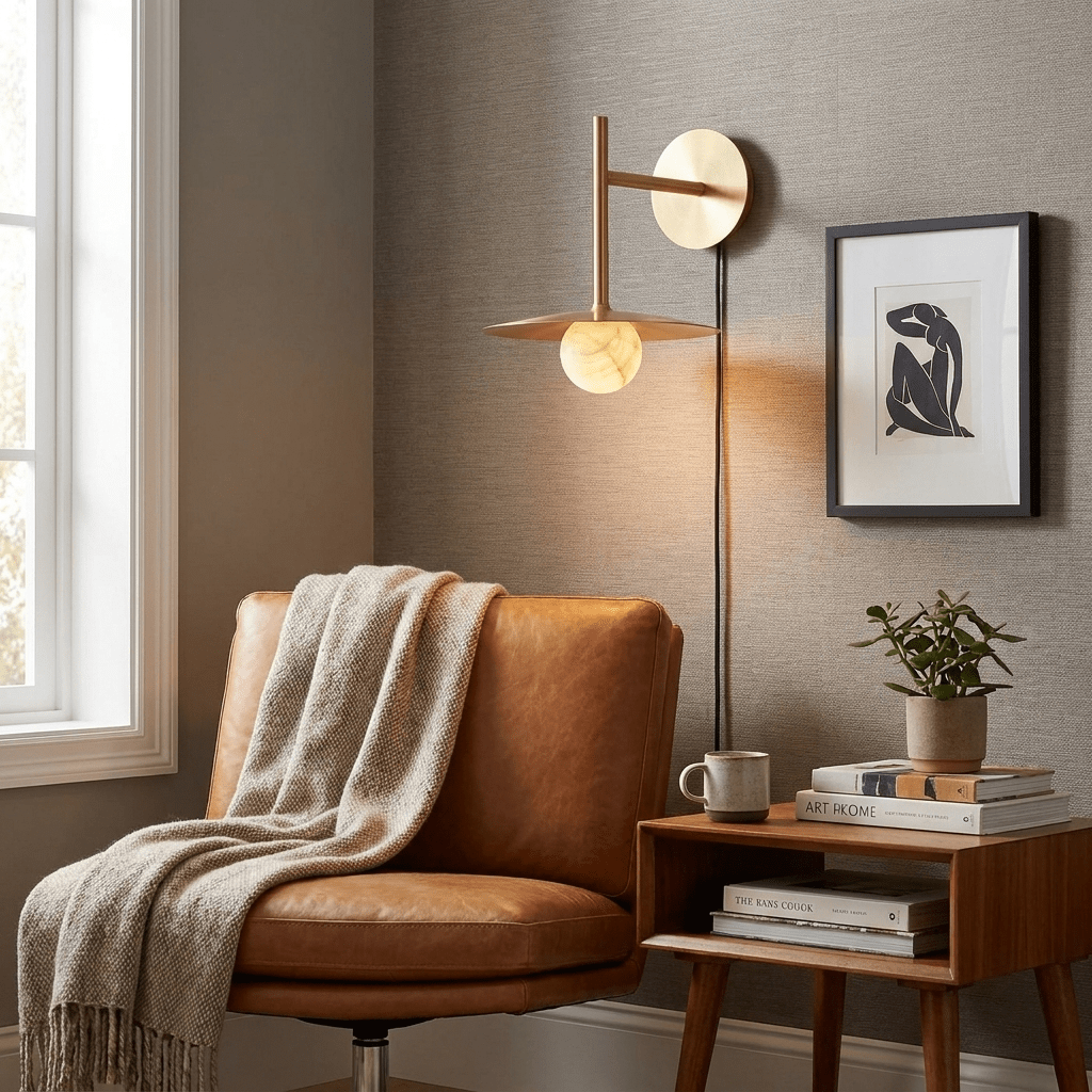Nivara Alabaster Disc Wall Sconce — product setting and fixture profile, a stone globe beneath a flat metal disc (view 2)