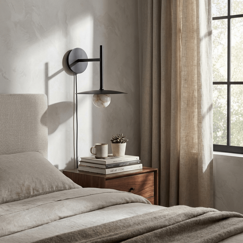 Nivara Alabaster Disc Wall Sconce — additional product view, a stone globe beneath a flat metal disc (view 4)