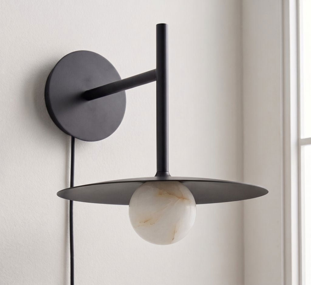 Nivara Alabaster Disc Wall Sconce — additional product view, a stone globe beneath a flat metal disc (view 5)