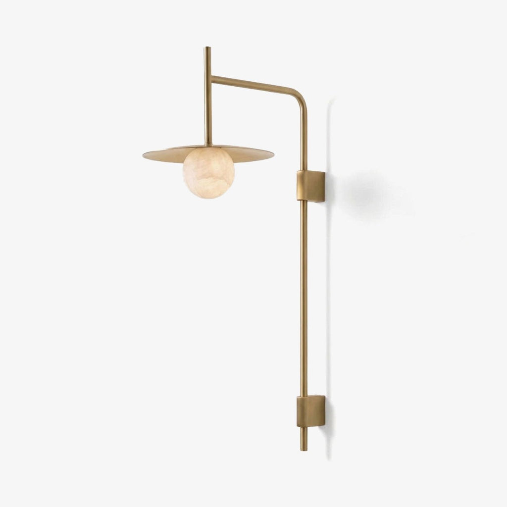 Nivara Long Arm Alabaster Wall Sconce — full fixture profile, a stone globe carried by an elongated metal frame (view 1)
