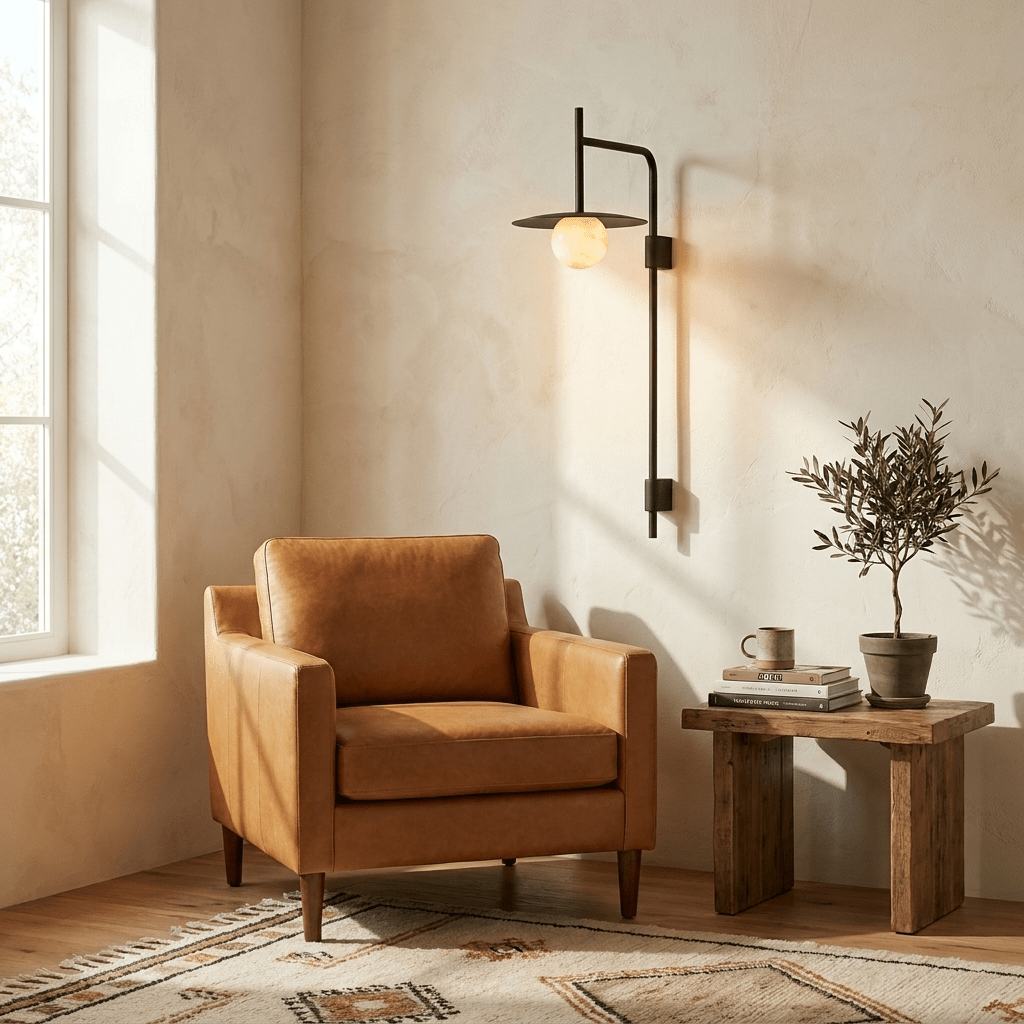 Nivara Long Arm Alabaster Wall Sconce — product setting and fixture profile, a stone globe carried by an elongated metal frame (view 2)