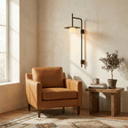 Nivara Long Arm Alabaster Wall Sconce — product setting and fixture profile, a stone globe carried by an elongated metal frame (view 2)